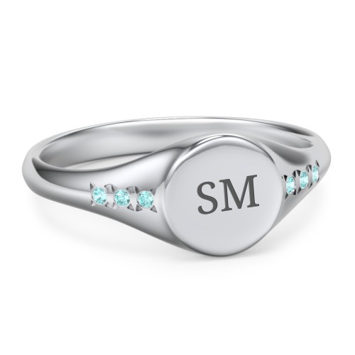 Women's Small Round Signet Ring with Accent Stones – Sterling Silver with Mint Premium Zirconia