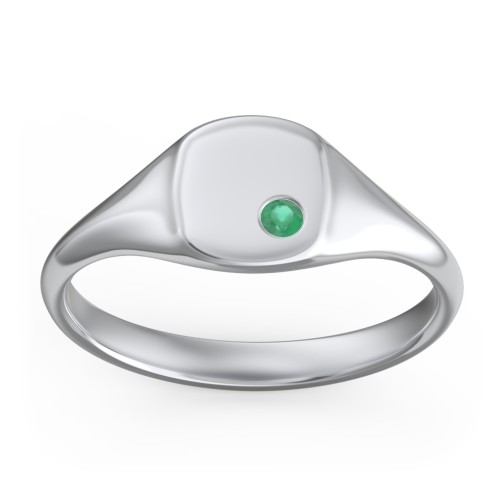 Women's Small Square Signet Ring with Accent Stone – Sterling Silver with Emerald