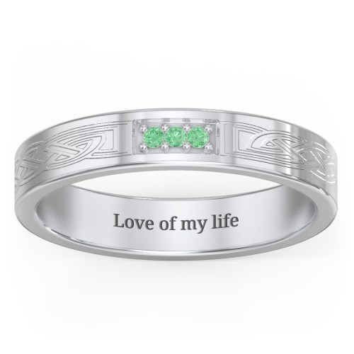 Celtic Trinity Knot Wedding Band with Accents – Sterling Silver with Green Premium Zirconia