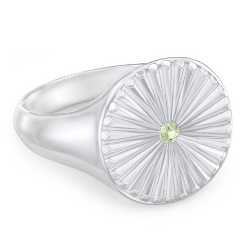 Women’s Sunburst Signet Ring with Birthstone – Sterling Silver with Peridot