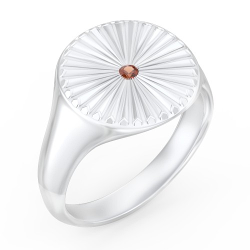 Women’s Sunburst Signet Ring with Birthstone – Sterling Silver with Garnet
