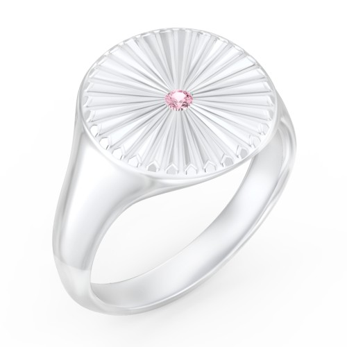 Women’s Sunburst Signet Ring with Birthstone – Sterling Silver with Pink Tourmaline