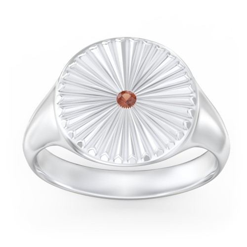 Women’s Sunburst Signet Ring with Birthstone – Sterling Silver with Garnet