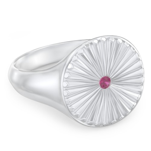 Women’s Sunburst Signet Ring with Birthstone – Sterling Silver with Ruby
