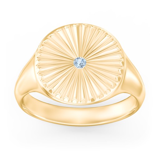 Women’s Sunburst Signet Ring with Birthstone – 10K Yellow Gold with Blue Topaz