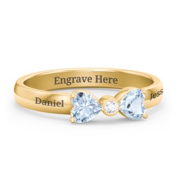 Birthstone Bow Ring with Bezeled Accent in 18K Gold Plated Silver with Aquamarine and White Premium Zirconia