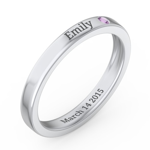 Stackable Birthstone Ring with Engraving – Sterling Silver with Amethyst