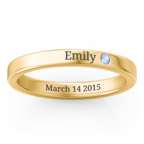 Stackable Birthstone Ring with Engraving – 18K Gold Plated Silver with Blue Topaz