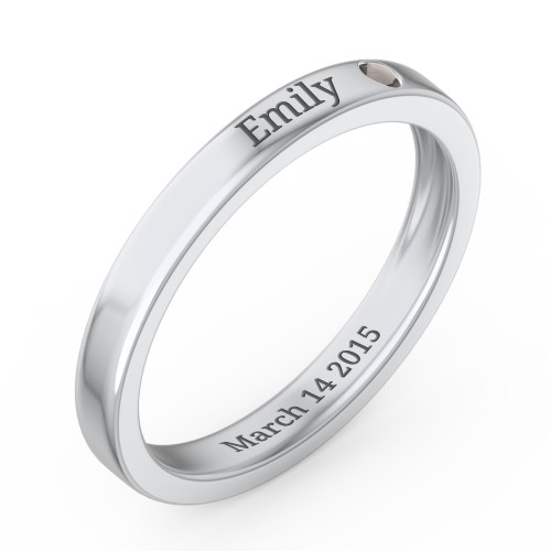 Stackable Birthstone Ring with Engraving – Sterling Silver with Smokey Quartz