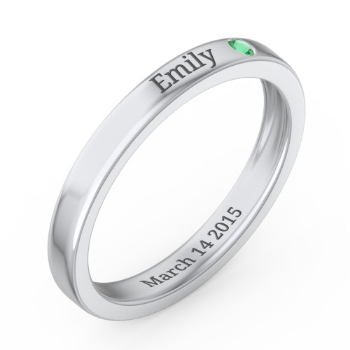 Stackable Birthstone Ring with Engraving – Sterling Silver with Emerald