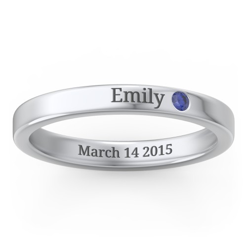 Stackable Birthstone Ring with Engraving – Sterling Silver with Blue Sapphire