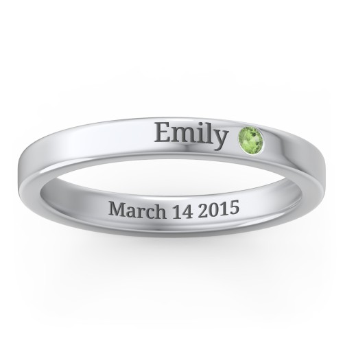 Stackable Birthstone Ring with Engraving – Sterling Silver with Green Sapphire