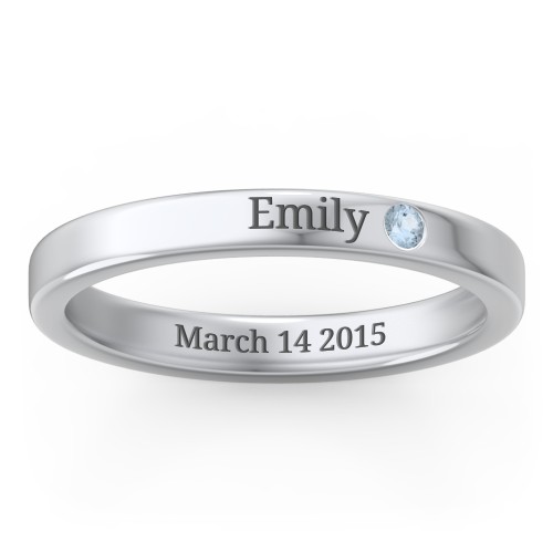 Stackable Birthstone Ring with Engraving – Sterling Silver with Blue Topaz