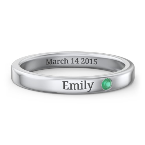 Stackable Birthstone Ring with Engraving – Sterling Silver with Emerald