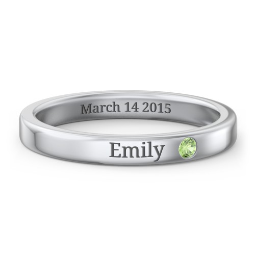 Stackable Birthstone Ring with Engraving – Sterling Silver with Green Sapphire