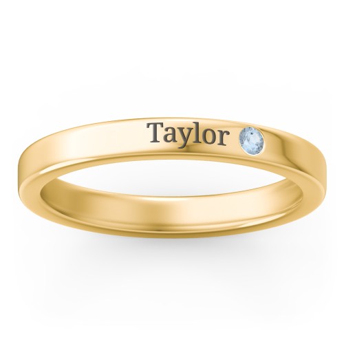 Stackable Birthstone Ring with Engraving – 10K Yellow Gold with Blue Topaz