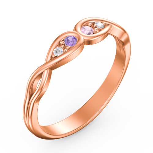 Double Infinity Birthstone Ring with Accents – 10K Rose Gold with Amethyst, Pink Tourmaline, and White Premium Zirconia