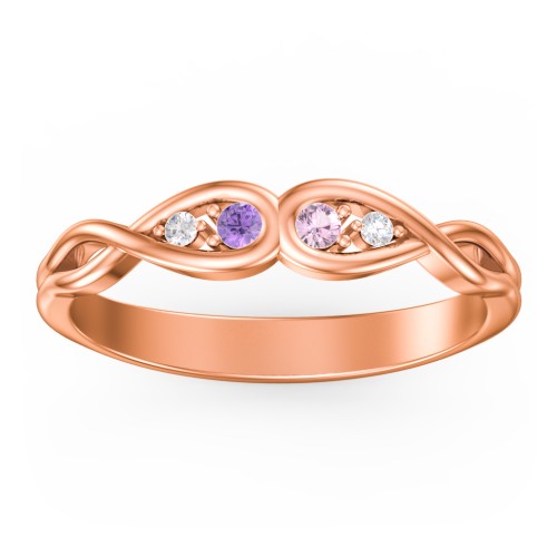 Double Infinity Birthstone Ring with Accents – 10K Rose Gold with Amethyst, Pink Tourmaline, and White Premium Zirconia