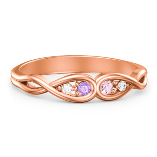 Double Infinity Birthstone Ring with Accents – 10K Rose Gold with Amethyst, Pink Tourmaline, and White Premium Zirconia