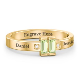 Baguette Birthstone Ring with Accents in 18K Gold Plated Silver with Peridot and White Premium Zirconia