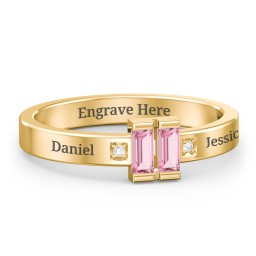 Baguette Birthstone Ring with Accents in 18K Gold Plated Silver with Pink Tourmaline and White Premium Zirconia