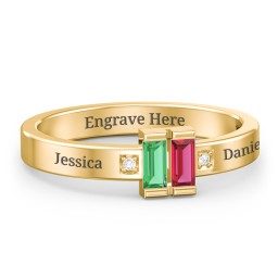 Baguette Birthstone Ring with Accents in 18K Gold Plated Silver with Emerald, Ruby, and White Premium Zirconia