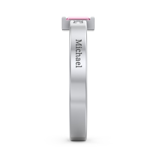 Baguette Birthstone Ring with Accents – 10K White Gold with Cubic Zirconia, Pink Tourmaline, and White Premium Zirconia
