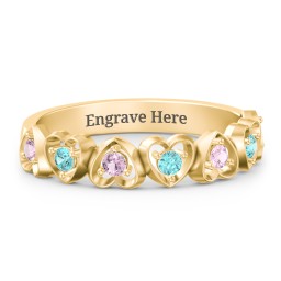 Multi-Heart Ring with Birthstones in 14K Solid Yellow Gold with Fancy Pink Premium Zirconia and Mint Premium Zirconia