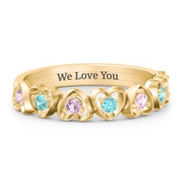 Multi-Heart Ring with Birthstones in 18K Gold Plated Silver with Fancy Pink Premium Zirconia and Mint Premium Zirconia