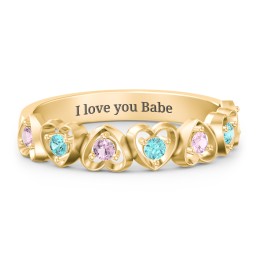 Multi-Heart Ring with Birthstones in 18K Gold Plated Silver with Fancy Pink Premium Zirconia and Mint Premium Zirconia