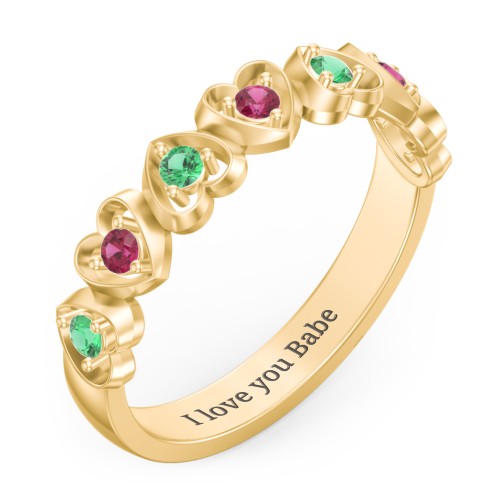 Multi-Heart Ring with Birthstones – 18K Gold Plated Silver with Emerald and Ruby