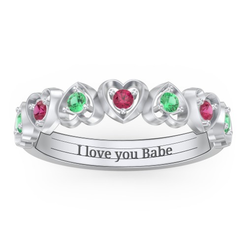 Multi-Heart Ring with Birthstones – Sterling Silver with Emerald and Ruby