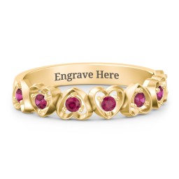 Multi-Heart Ring with Birthstones in 10K Solid Yellow Gold with Ruby