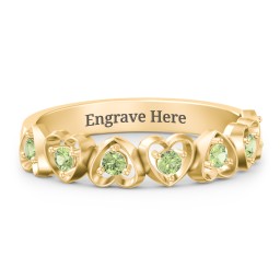 Multi-Heart Ring with Birthstones in 10K Solid Yellow Gold with Peridot
