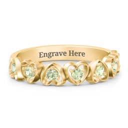 Multi-Heart Ring with Birthstones in 10K Solid Yellow Gold with Peridot