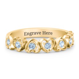 Multi-Heart Ring with Birthstones in 10K Solid Yellow Gold with Blue Topaz