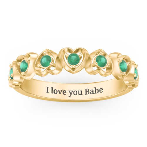 Multi-Heart Ring with Birthstones – 10K Yellow Gold with Emerald
