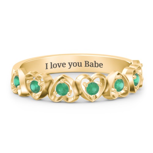 Multi-Heart Ring with Birthstones – 10K Yellow Gold with Emerald
