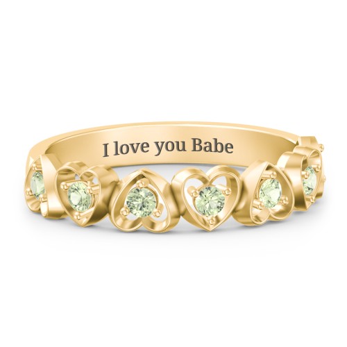 Multi-Heart Ring with Birthstones – 10K Yellow Gold with Peridot