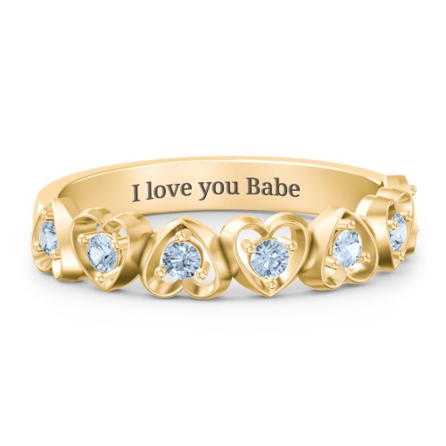 Multi-Heart Ring with Birthstones – 10K Yellow Gold with Blue Topaz