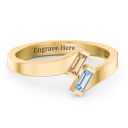 Engravable Slanted Baguette Ring in 14K Solid Yellow Gold with Citrine and Blue Topaz