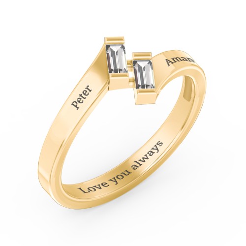 Engravable Slanted Baguette Ring – 10K Yellow Gold with White Sapphire