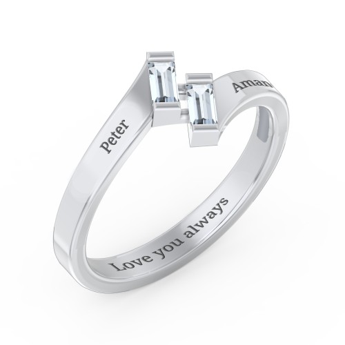 Engravable Slanted Baguette Ring – Sterling Silver with Aquamarine
