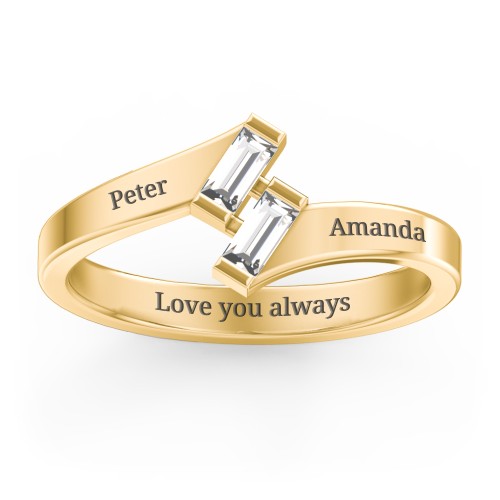 Engravable Slanted Baguette Ring – 10K Yellow Gold with White Sapphire