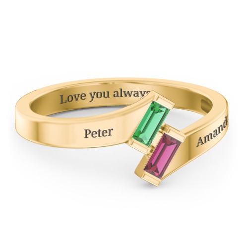 Engravable Slanted Baguette Ring – 10K Yellow Gold with Emerald and Ruby