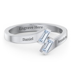 Engravable Slanted Baguette Ring in 925 Sterling Silver with Aquamarine