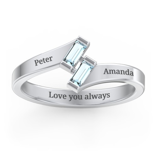 Engravable Slanted Baguette Ring – Sterling Silver with Blue Topaz