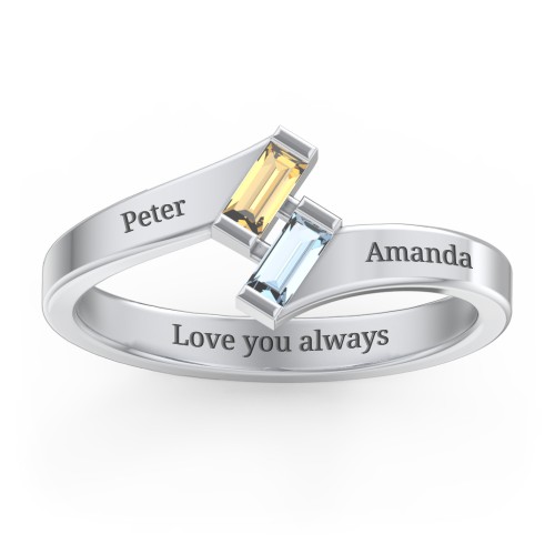 Engravable Slanted Baguette Ring – Sterling Silver with Citrine and Blue Topaz