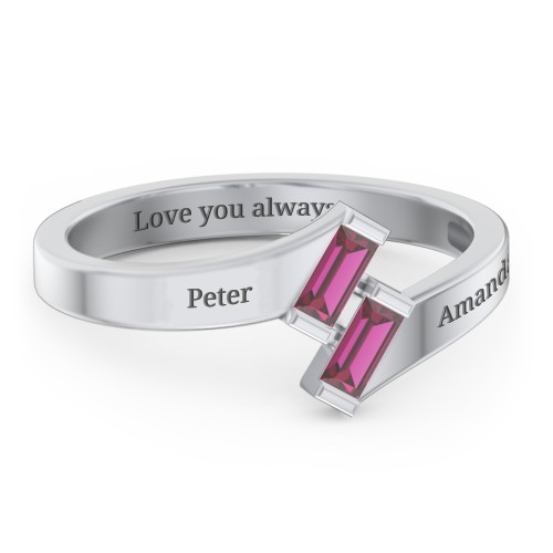 Engravable Slanted Baguette Ring – Sterling Silver with Ruby