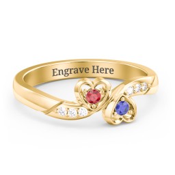 Duo of Hearts Ring in 14K Solid Yellow Gold with Garnet, Blue Sapphire, and White Premium Zirconia
